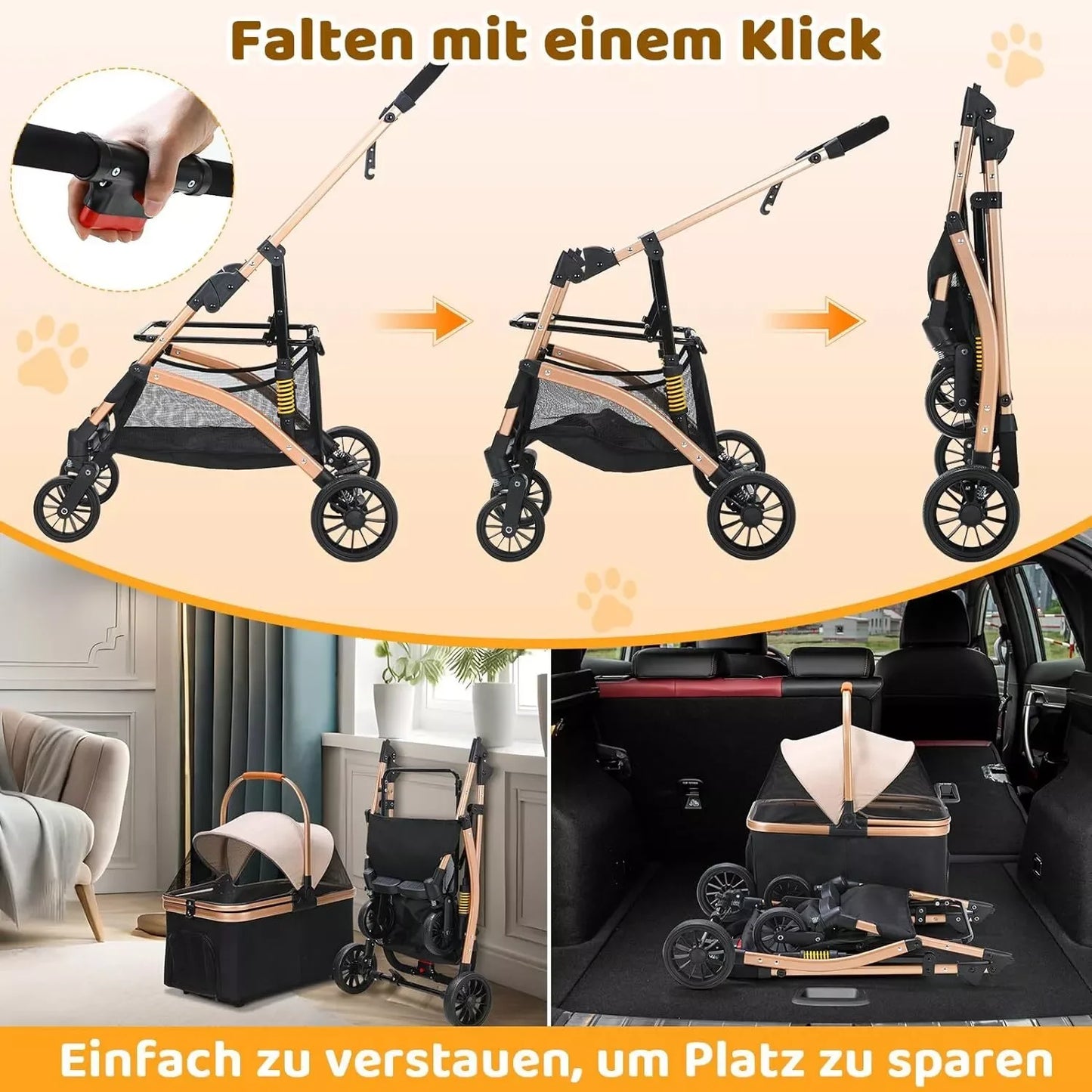 2-in-1 Foldable Pet Stroller with 360° Wheels & Storage Basket