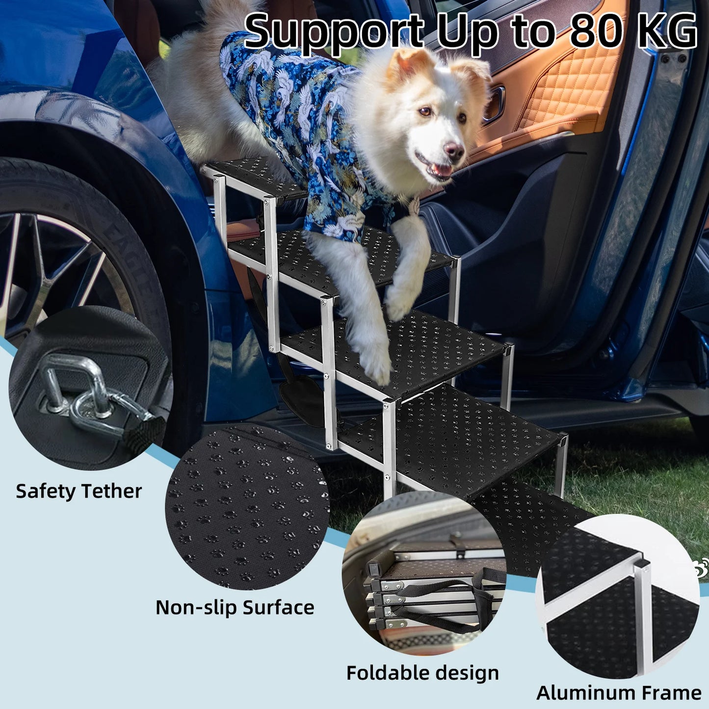 5-Step Folding Aluminum Dog Ramp, Non-Slip & Portable